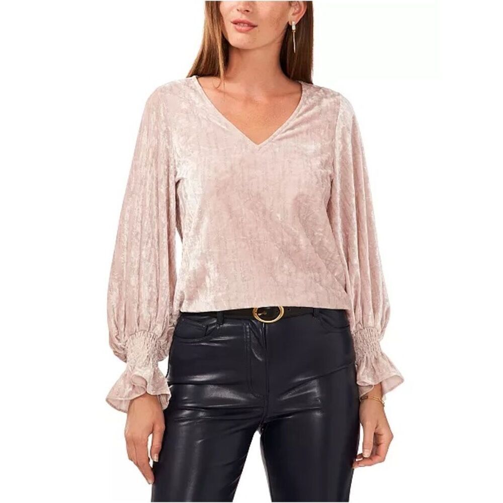 Vince Camuto Women's V-Neck Velvet Shine Blouson-Long-Sleeve Top Size XS